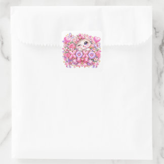 Cute Kawaii XOXO Cat Pastel Pink Romantic Love Sti Square Sticker