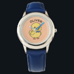 Cute Kawaii Yellow Duckling with Blue Bow Tie Watch<br><div class="desc">Brighten up any day with this charming illustration of a sweet yellow duckling. Featuring a dapper blue bow tie and rosy cheeks, this minimalist "kawaii" character is set against a warm peachy-orange background. Its clean lines and playful personality make it a versatile choice for children's room decor, stationery, apparel, or...</div>