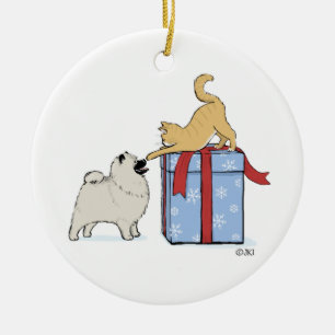 Cute Keeshond Puppy and Kitten Christmas Ceramic Ornament