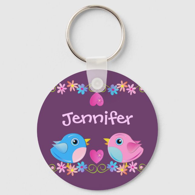Cute Keychain with Baby birds, hearts and Name (Front)
