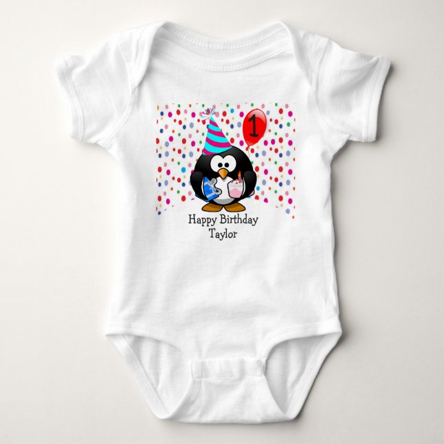 Cute Kid 1st Happy Birthday Penguin Baby Bodysuit (Front)