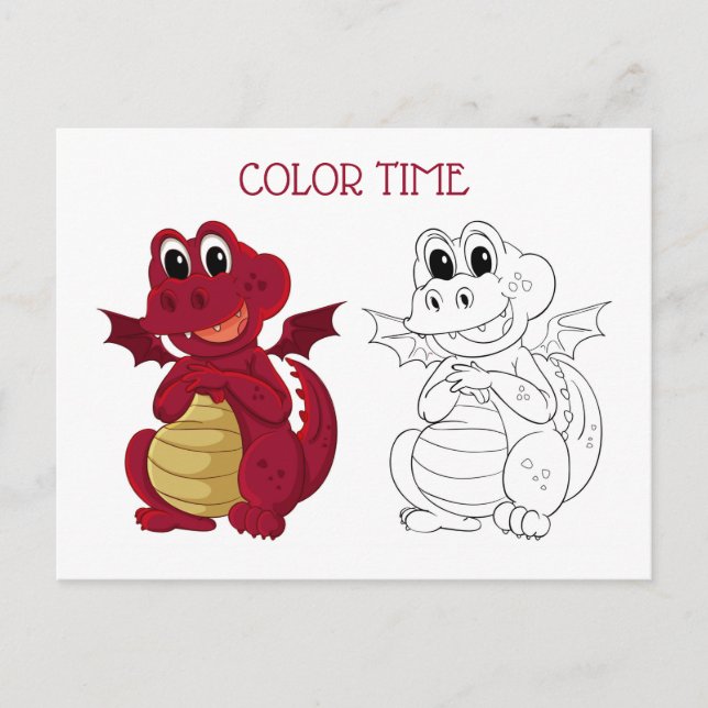 Cute Kid  Colouring Activity Red and Brown Dragon Postcard (Front)