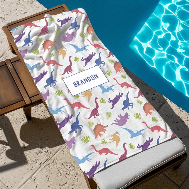 Cute Kid Dinosaur Pattern Personalised Name Beach Towel (Creator Uploaded)
