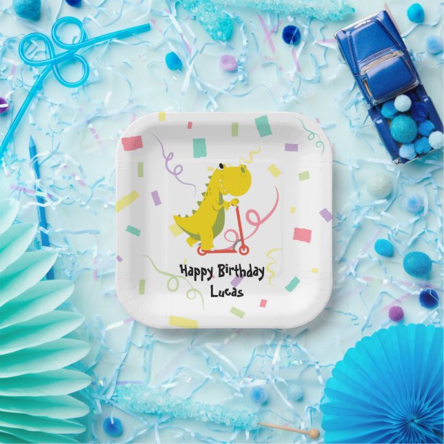 Cute kid dinosaur scooter truck Birthday Party Paper Plate (Party)