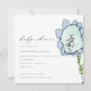 Cute Kid Drawn Blue Flower Botanical Baby Shower Invitation