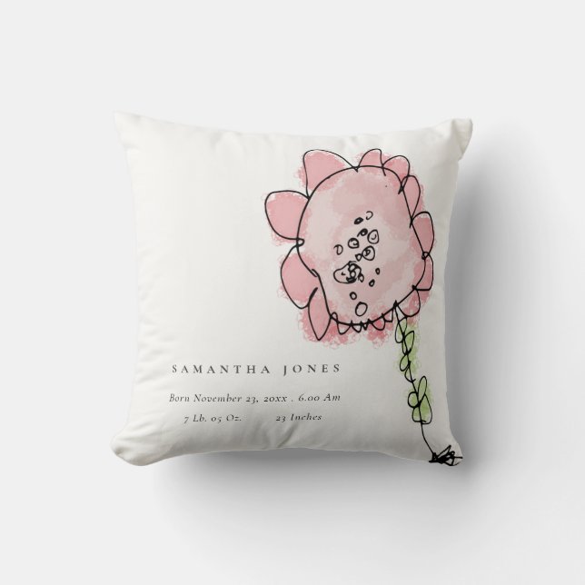 Cute Kid Drawn Blush Pink Flower Baby Birth Stat Cushion (Front)