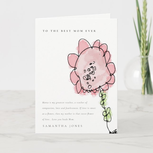 Cute Kid Drawn Pink Flower Botanical Mother's Day Card (Front)