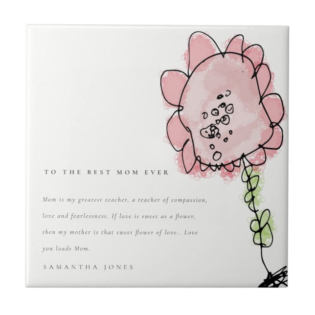 Cute Kid Drawn Pink Flower Botanical Mother's Day Ceramic Tile (Front)