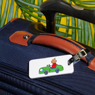 Cute Kid Driving Green Car Childrens Illustration Luggage Tag