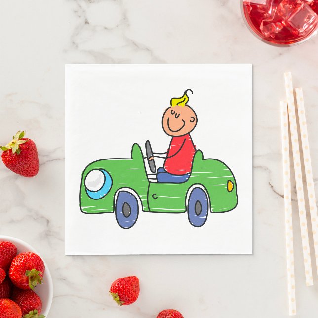 Cute Kid Driving Green Car Childrens Illustration Napkin (Creator Uploaded)