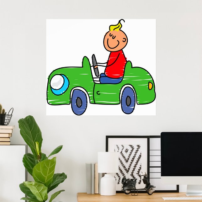 Cute Kid Driving Green Car Childrens Illustration Poster (Creator Uploaded)