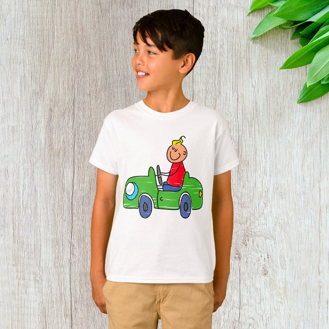 Cute Kid Driving Green Car Childrens Illustration T-Shirt (Creator Uploaded)