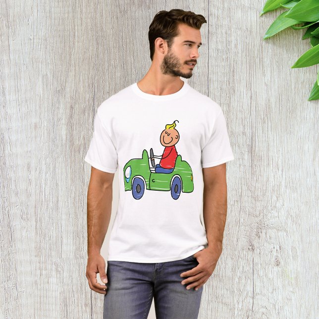 Cute Kid Driving Green Car Childrens Illustration T-Shirt (Creator Uploaded)