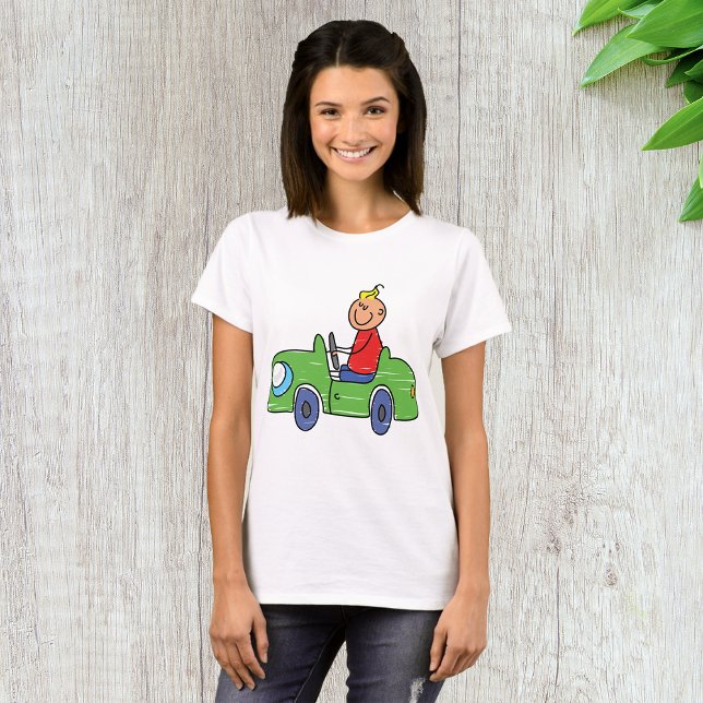 Cute Kid Driving Green Car Childrens Illustration T-Shirt (Creator Uploaded)