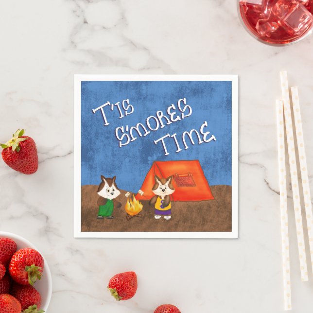 Cute Kid Foxes Camping Making S’mores Paper Napkin (Insitu)
