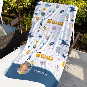 Cute Kid Pattern Photo and Name Boy Blue Beach Towel