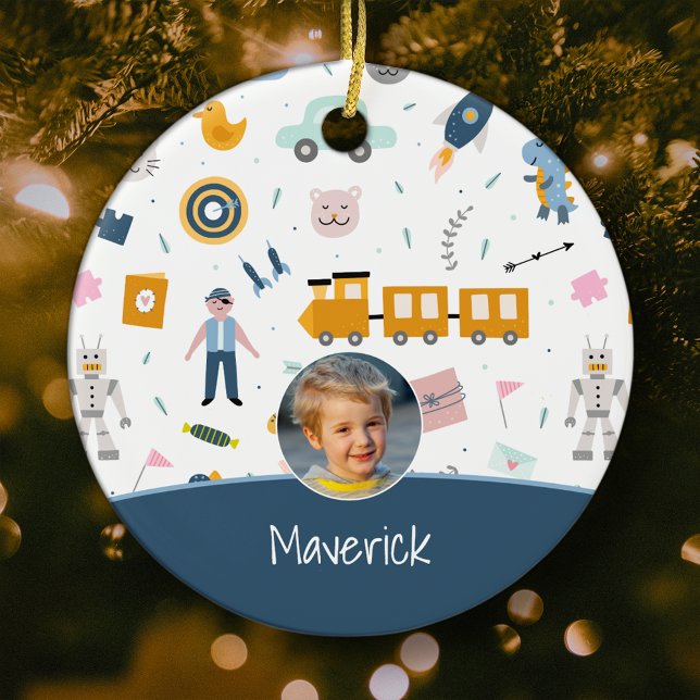 Cute Kid Pattern Photo and Name Boy Blue Christmas Ceramic Ornament (Creator Uploaded)