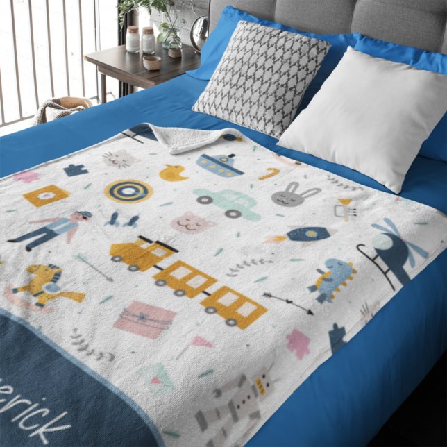 Cute Kid Pattern Photo and Name Boy Blue Fleece Blanket (Creator Uploaded)