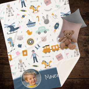 Cute Kid Pattern Photo and Name Boy Blue Sherpa Blanket