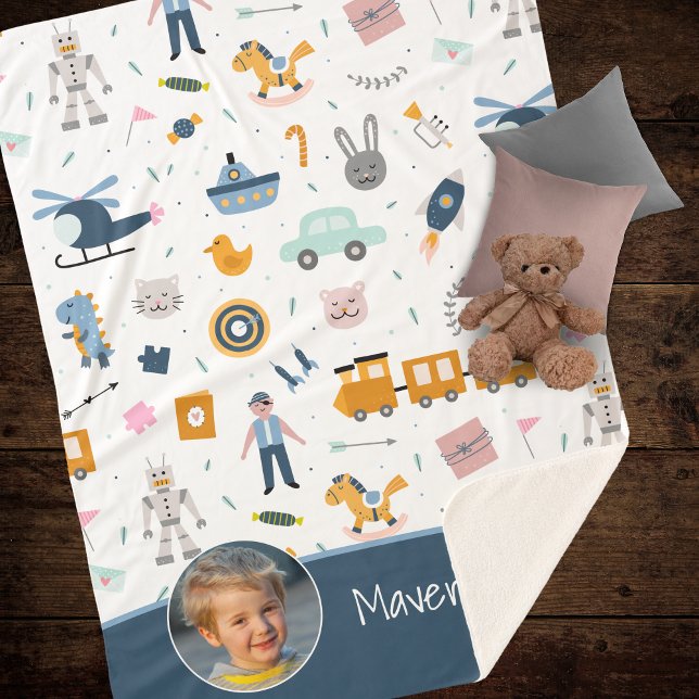 Cute Kid Pattern Photo and Name Boy Blue Sherpa Blanket (Add a photo and name to this adorable Sherpa blanket pattern for little boys!)