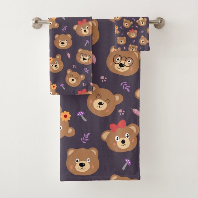 Cute Kid Teddy Bear Cartoon Brown Bear Bath Towel Set (Insitu)