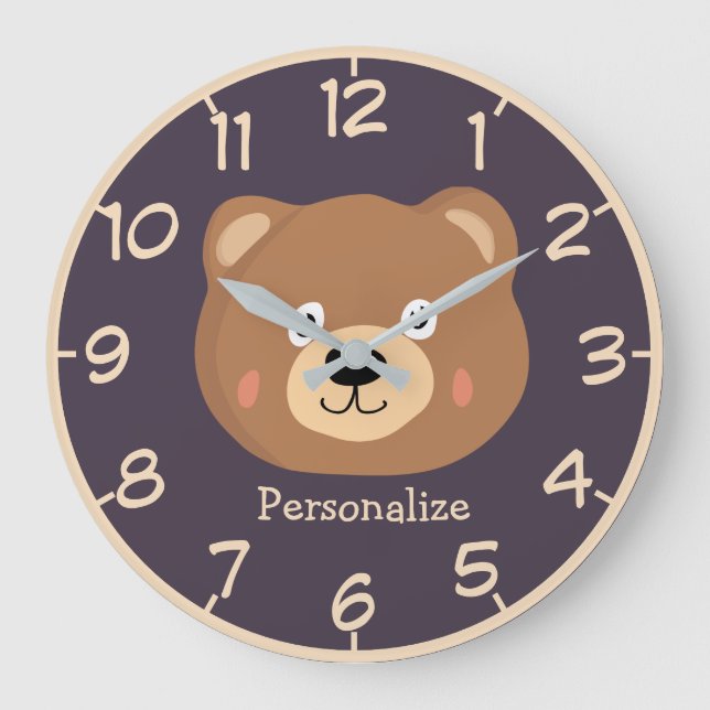 Cute Kid Teddy Bear Cartoon Brown Bear Personalise Large Clock (Front)