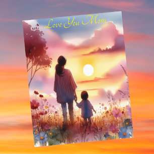 Cute Kid Watching Sunset With Mum Mother's Day Holiday Card