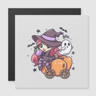 Cute Kid Witch Sitting on a Pumpkin Car