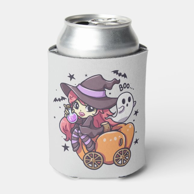 Cute Kid Witch Sitting on a Pumpkin Car Can Cooler (Can Front)