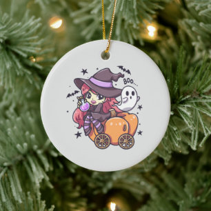 Cute Kid Witch Sitting on a Pumpkin Car Ceramic Ornament
