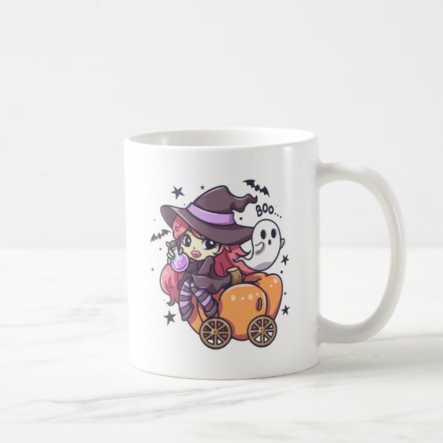 Cute Kid Witch Sitting on a Pumpkin Car Coffee Mug (Right)