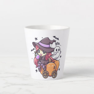 Cute Kid Witch Sitting on a Pumpkin Car Latte Mug