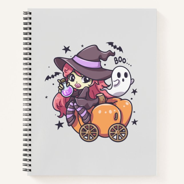 Cute Kid Witch Sitting on a Pumpkin Car Notebook (Front)