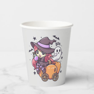 Cute Kid Witch Sitting on a Pumpkin Car Paper Cups