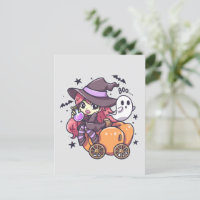 Cute Kid Witch Sitting on a Pumpkin Car