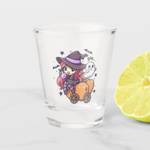 Cute Kid Witch Sitting on a Pumpkin Car Shot Glass