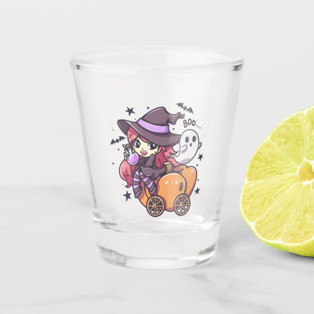 Cute Kid Witch Sitting on a Pumpkin Car Shot Glass (Front)