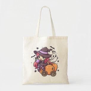 Cute Kid Witch Sitting on a Pumpkin Car Tote Bag