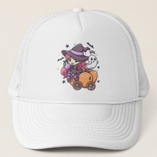 Cute Kid Witch Sitting on a Pumpkin Car Trucker Hat