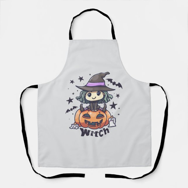 Cute Kid Witch Sitting on a Pumpkin – "Witch" Apron (Front)