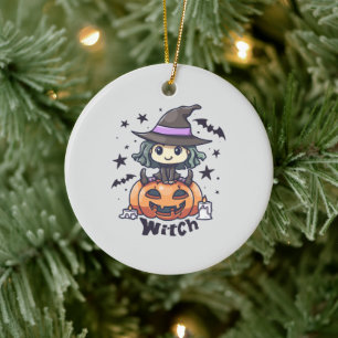 Cute Kid Witch Sitting on a Pumpkin – "Witch" Ceramic Ornament