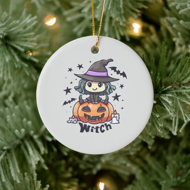Cute Kid Witch Sitting on a Pumpkin – "Witch" Ceramic Ornament (Tree)