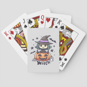 Cute Kid Witch Sitting on a Pumpkin – "Witch" Playing Cards