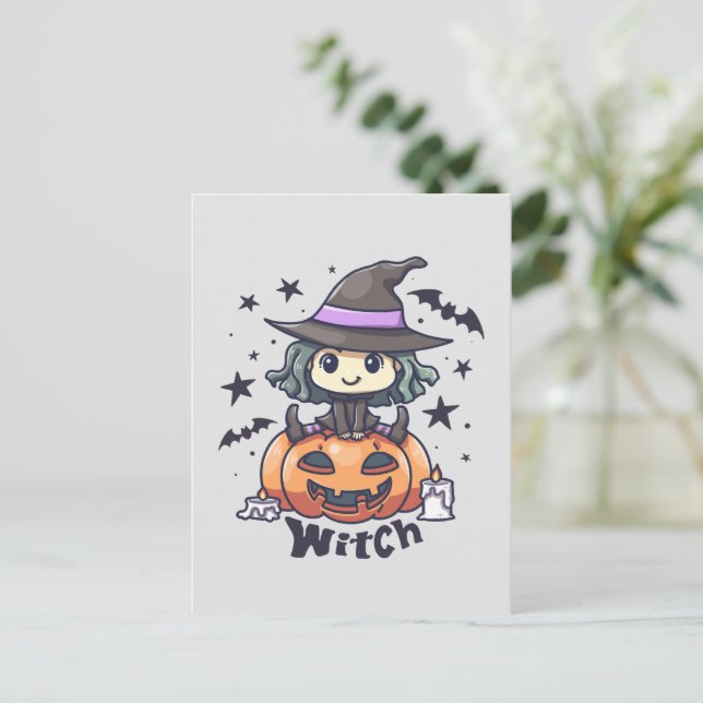 Cute Kid Witch Sitting on a Pumpkin – "Witch" Postcard (Standing Front)