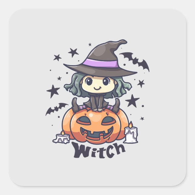 Cute Kid Witch Sitting on a Pumpkin – "Witch" Square Sticker (Front)