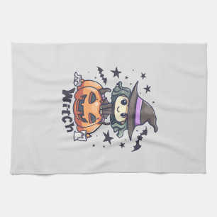 Cute Kid Witch Sitting on a Pumpkin – "Witch" Tea Towel