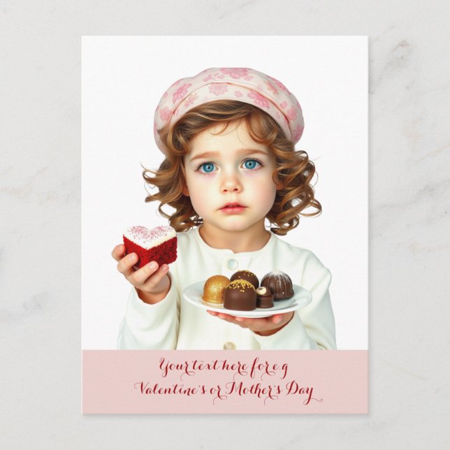 Cute kid with heart-shaped velvet cake chocolates postcard (Front)