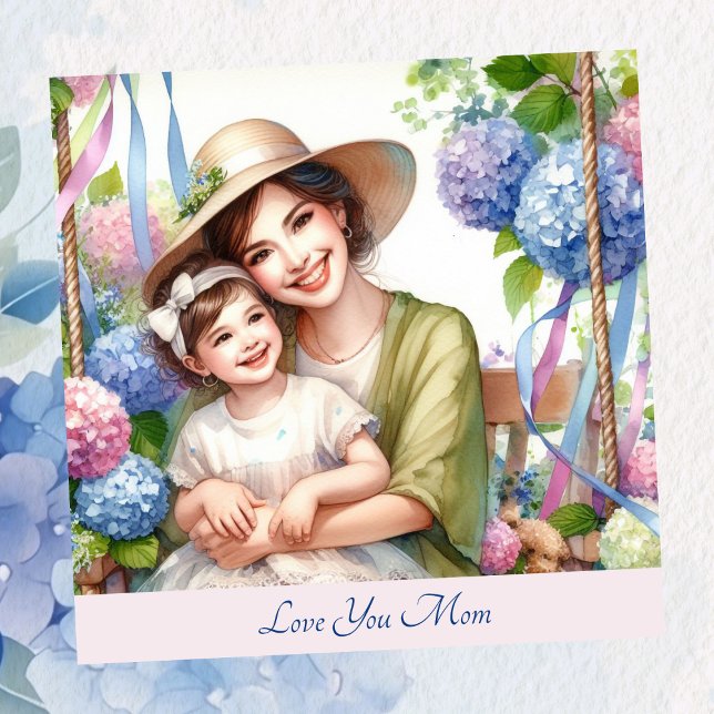 Cute Kid with Mum in Swing Hydrangea Mother's Day Holiday Card (Creator Uploaded)