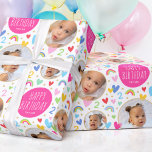 Cute Kids 2nd Birthday Rainbow Photo Hearts Pink Wrapping Paper<br><div class="desc">Celebrate the magic of turning two with this cute personalised gift wrap! A fun and colourful design featuring three of your favourite photos and lots of rainbows, hearts and stars! White type with the words "Happy Birthday" and the recipient's name are clearly displayed on a circular panel, and the all-important...</div>