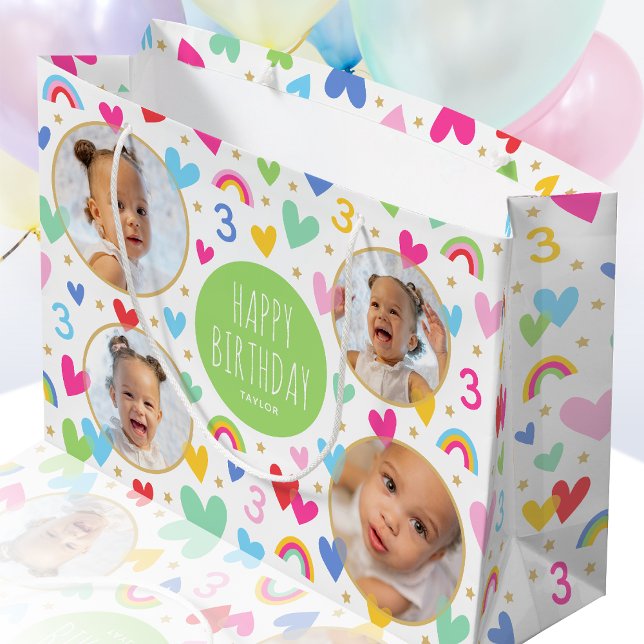 Cute Kids 3rd Birthday Rainbow Photo Hearts Green Large Gift Bag (Creator Uploaded)